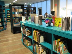 Nallen sitter på en turkos bokhylla i mediateket. Bibliotekarien Emelie syns i bakgrunden.