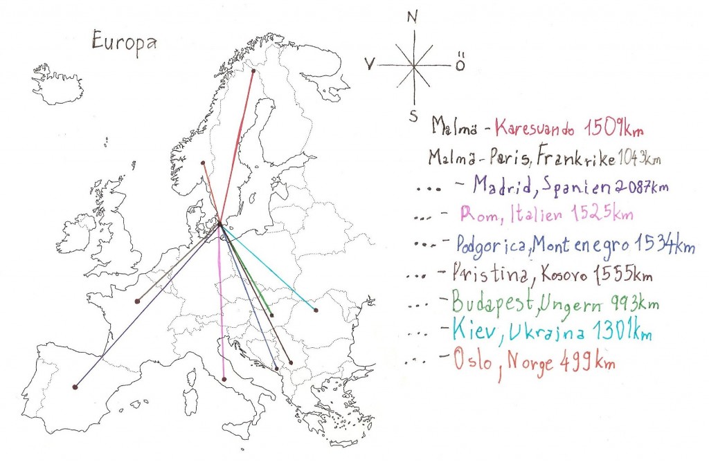 Europakarta med sträckan Malmö/Karesuando samt Malmö/olika huvudstäder markerad