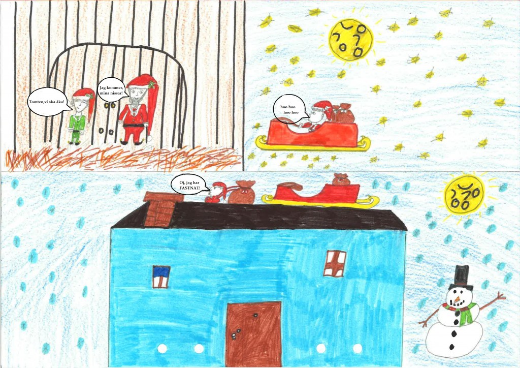 Tecknad serie med en tomte på väg att dela ut julklappar men fastnar på taket till ett hus